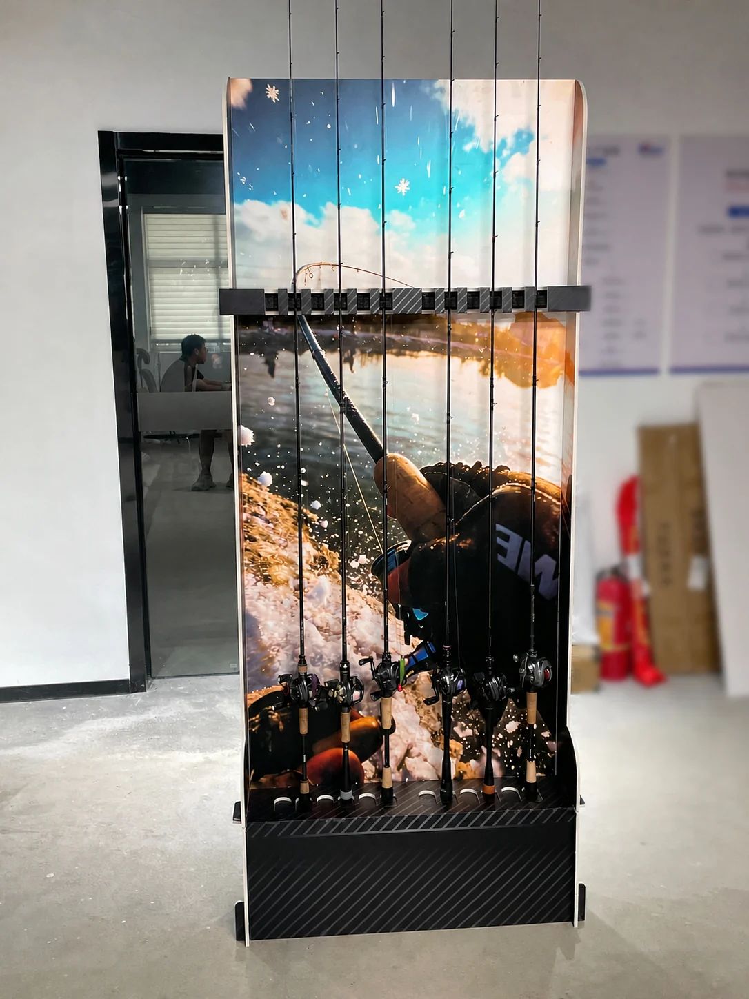 Finished floor-standing display unit for outdoor products